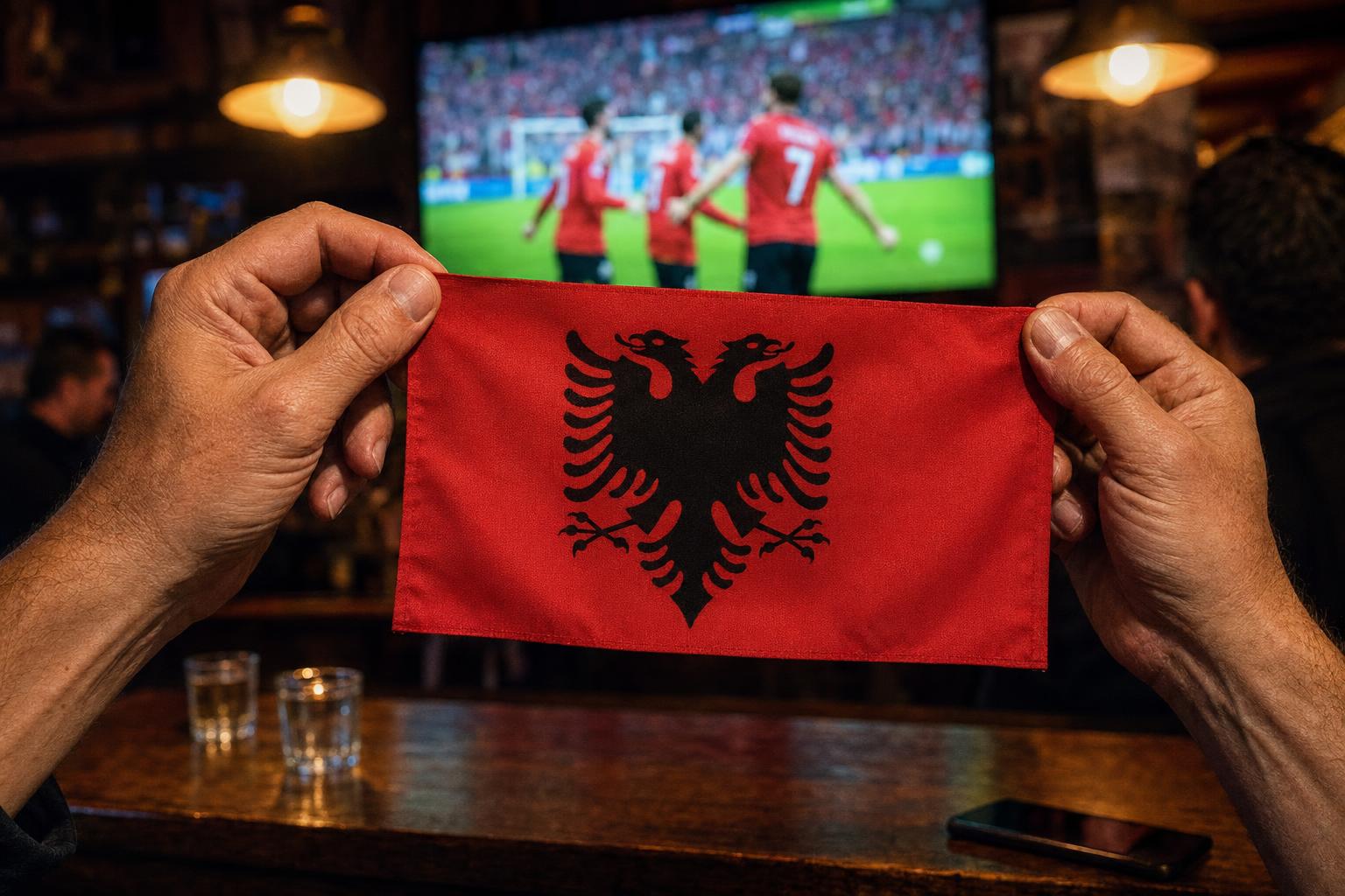 Hands holding an Albanian flag at a sports bar with a match on TV