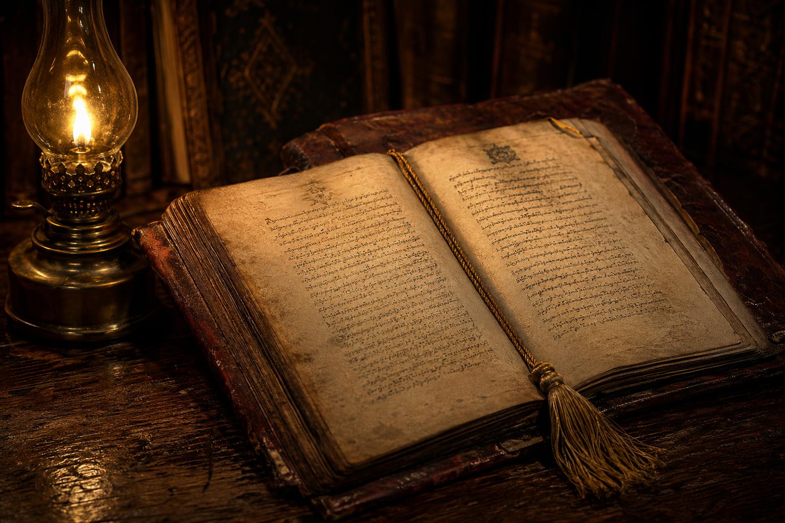 Open leather-bound Kanun on a weathered wooden table, lit by a brass oil lamp