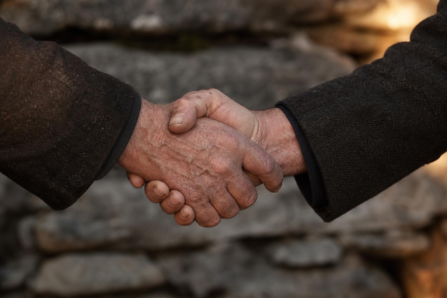 Two weathered hands clasped in a firm besa pledge, against a stone wall