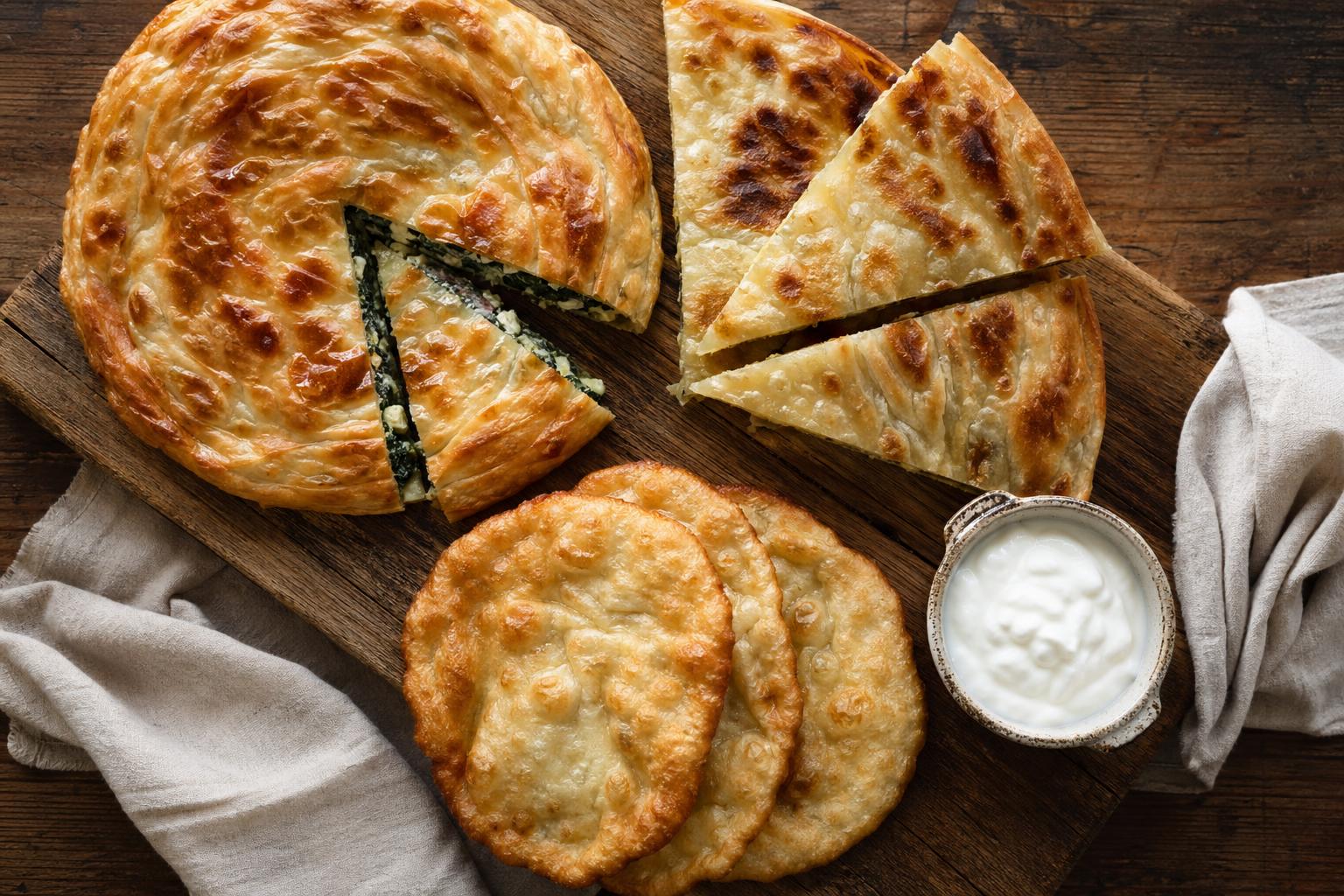 Albanian pies and pastries: byrek, lakror, and petulla on a wooden board