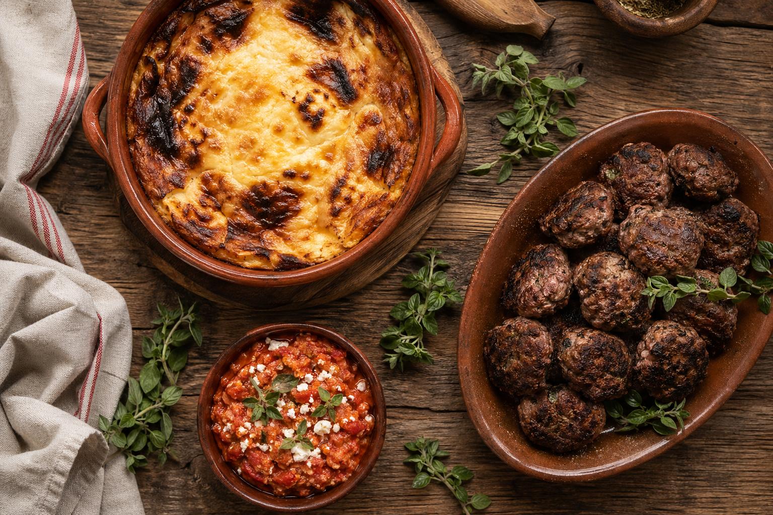 Albanian mains: tavë kosi, qofte, and fërgesë in clay dishes