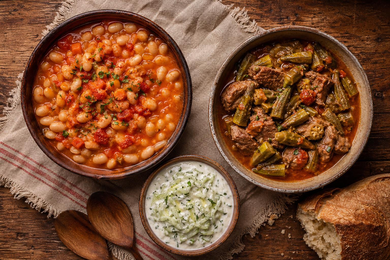 Albanian soups and stews: fasule, bamje, and tarator in rustic bowls