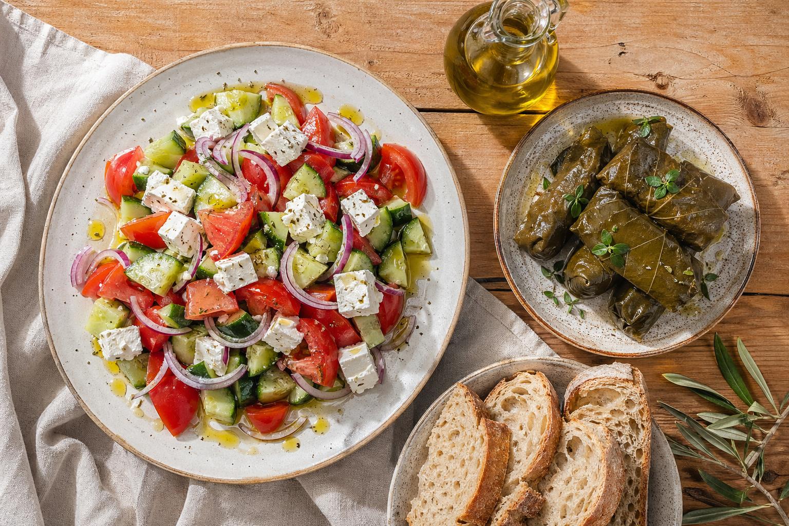 Albanian salads and dolma with feta, cucumber, tomato, and olive oil