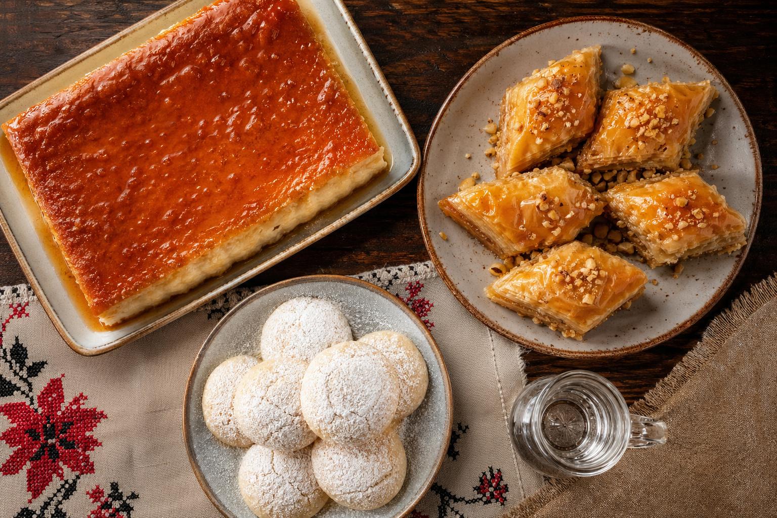 Albanian sweets: trilece, baklava, and kurabie with raki