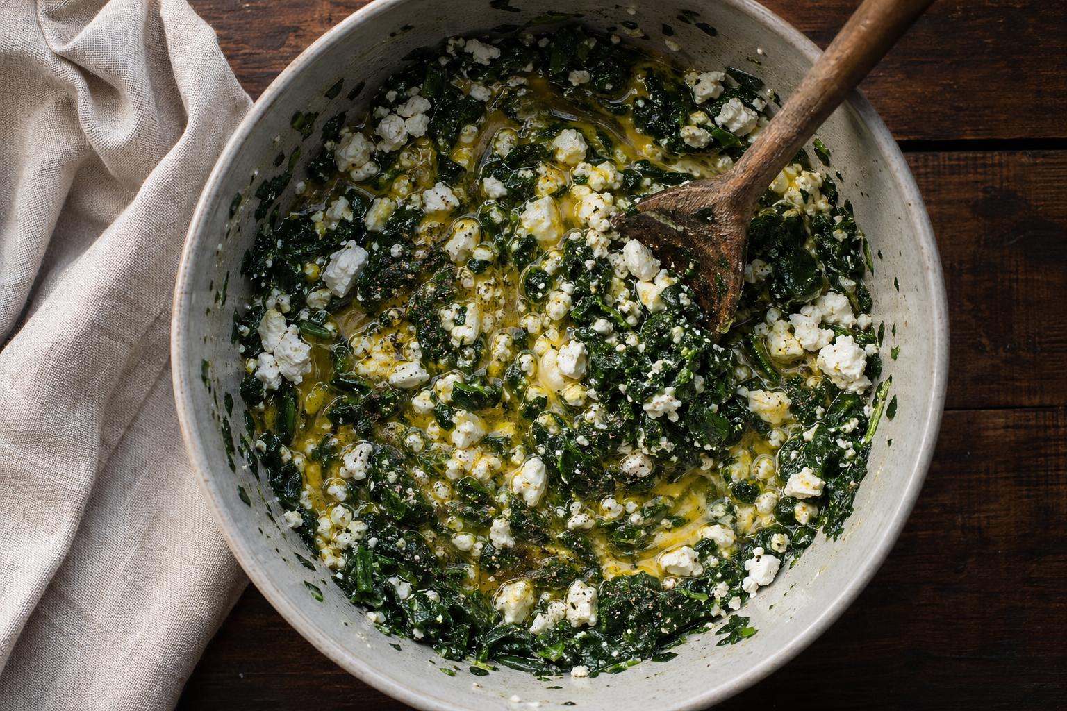 Spinach-and-cheese byrek filling in a ceramic mixing bowl