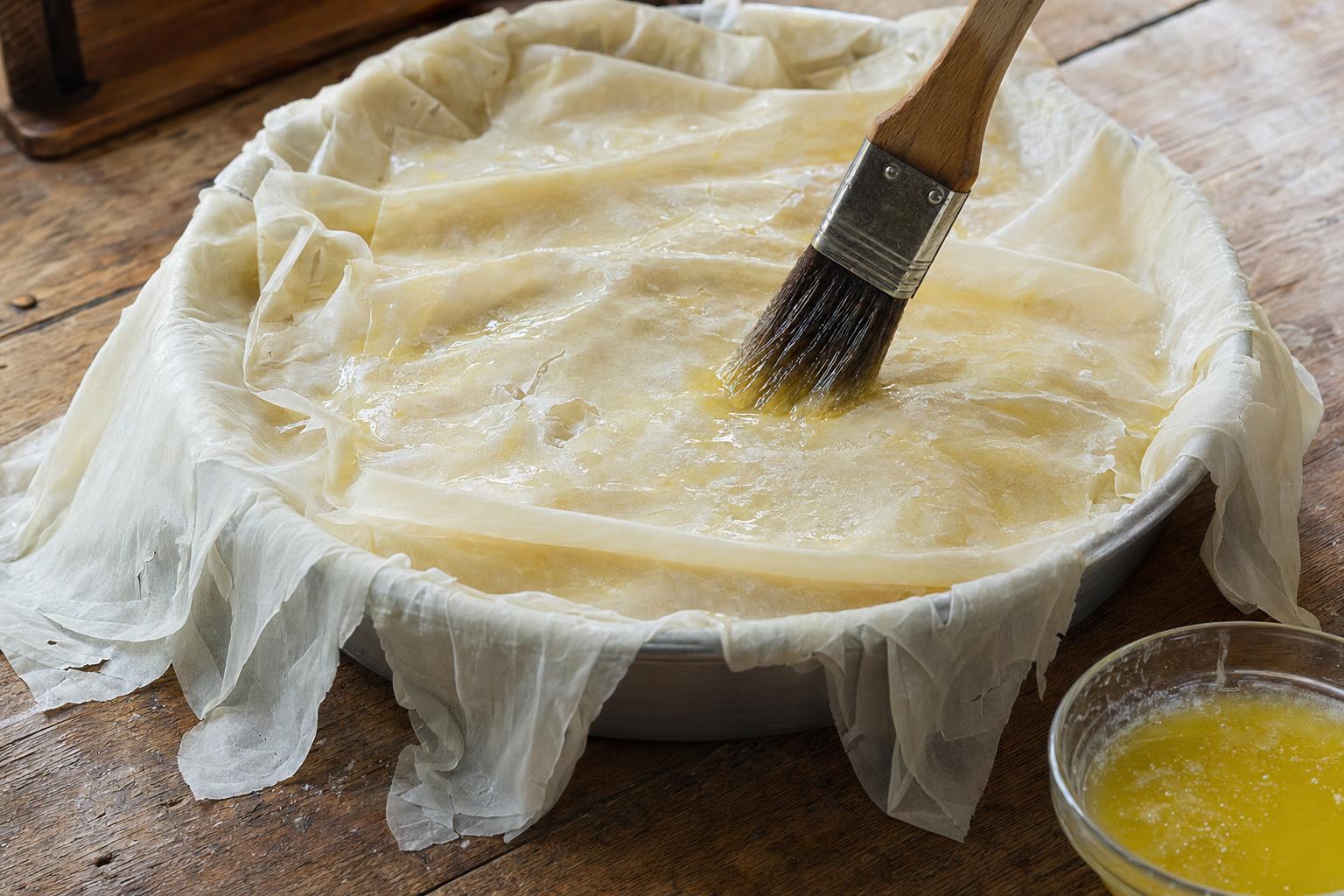 Layering thin filo sheets in a round metal tepsi pan, brushing with olive oil