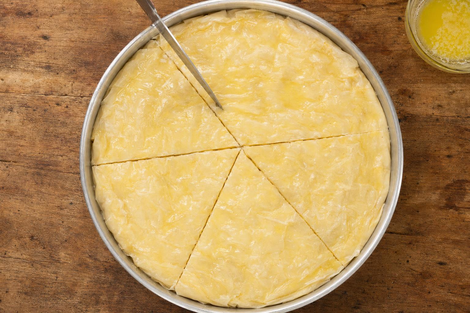 Scoring the top of an unbaked byrek into eight wedges