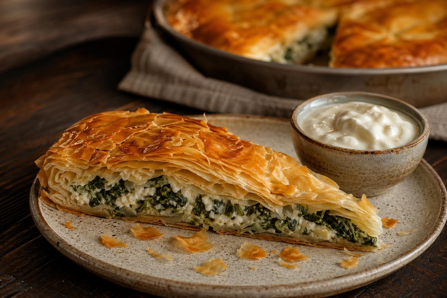 Baked spinach-cheese byrek wedge with crisp filo layers and yogurt on the side