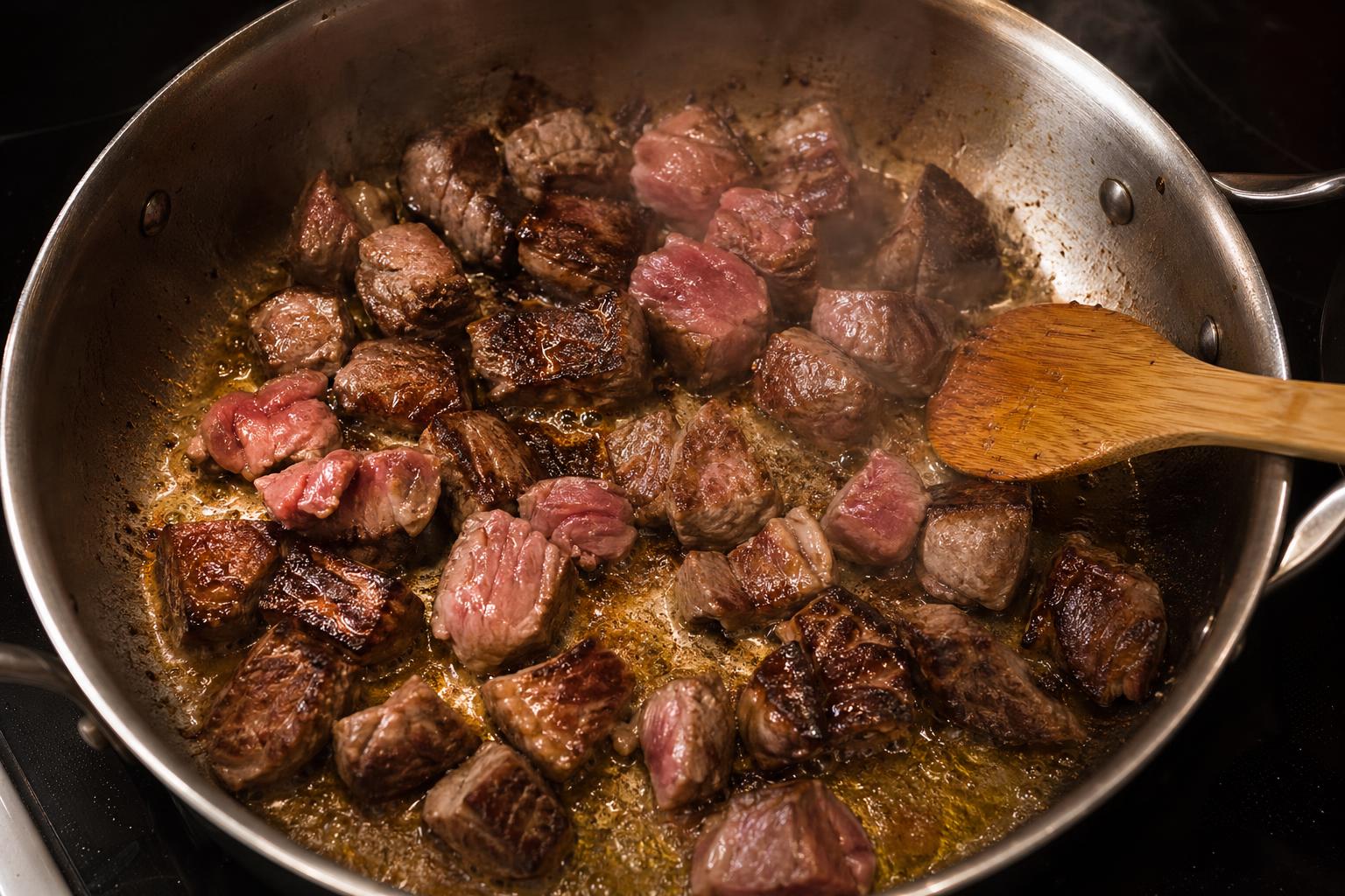 Diced lamb shoulder browning in a stainless skillet, with butter and olive oil
