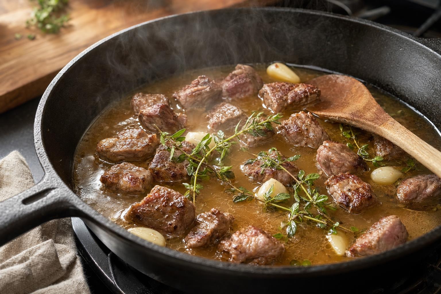 Lamb simmering with garlic, oregano, and rice in a covered pan