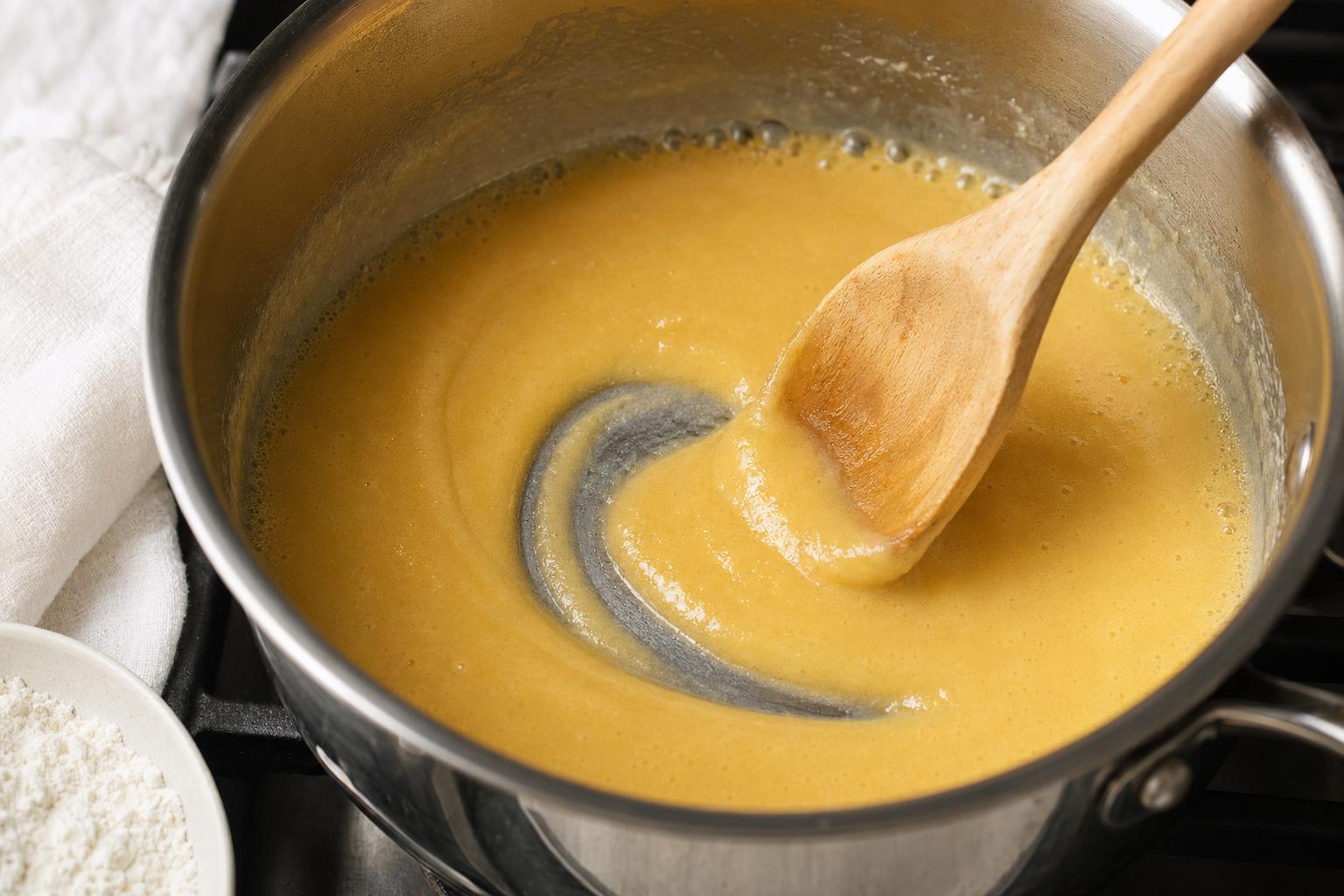 Pale-gold butter-flour roux being whisked in a small saucepan
