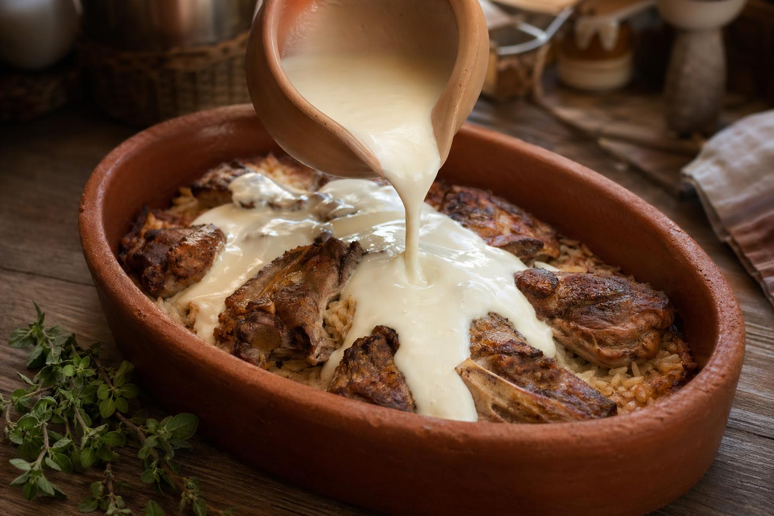 Yogurt-egg topping being poured over the lamb-and-rice base in a clay baking dish
