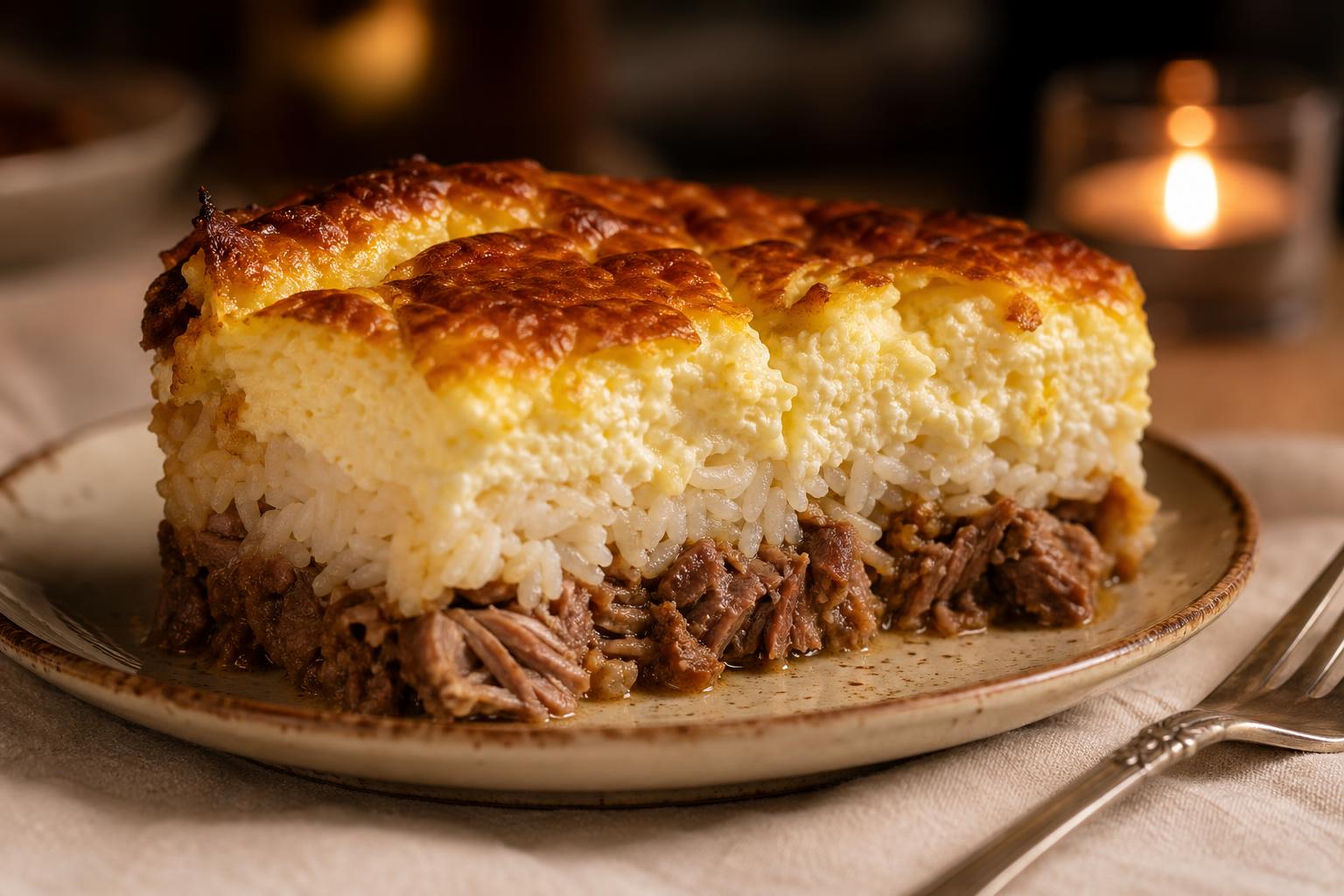 Cross-section of finished tavë kosi showing lamb, rice, and golden topping