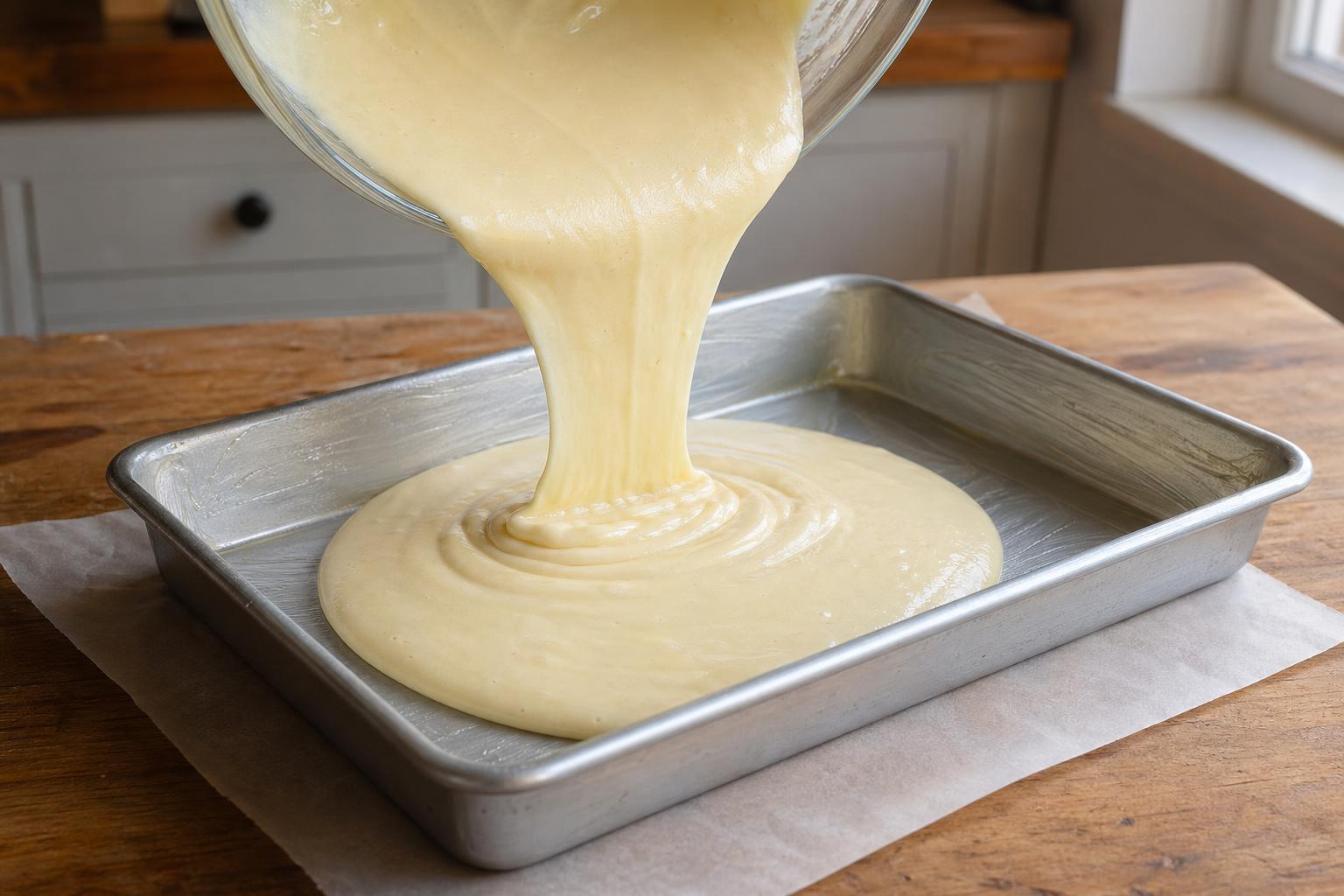 Cake batter being poured smoothly into a 9x13 baking pan