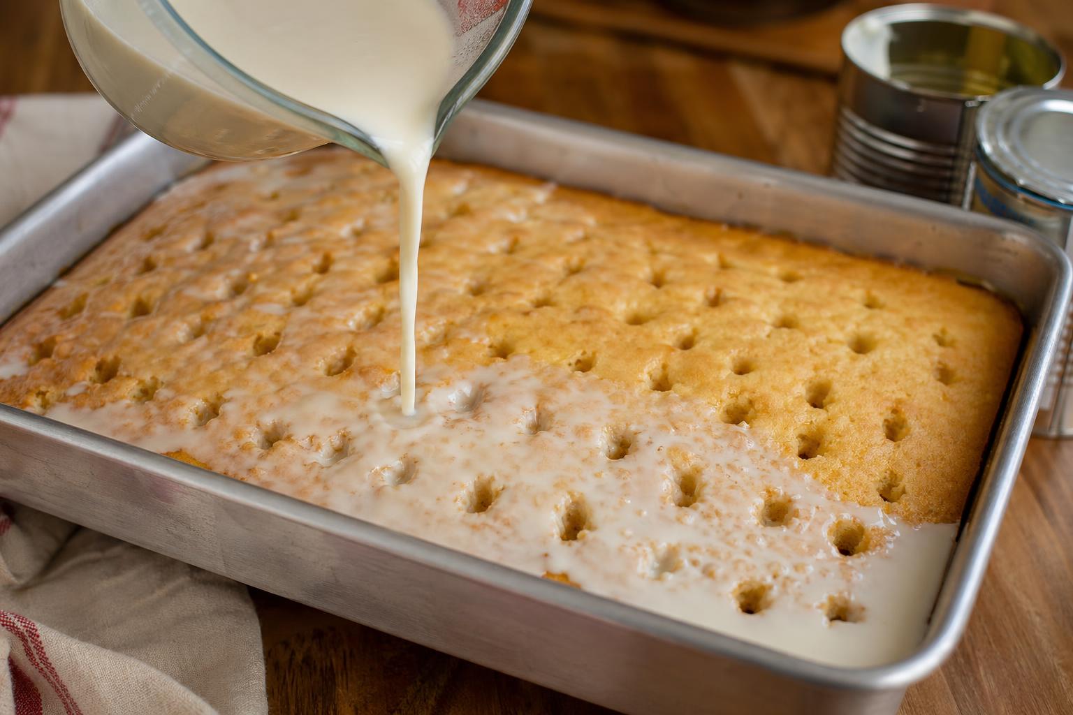 Pouring the three-milk mixture over the poked sponge cake