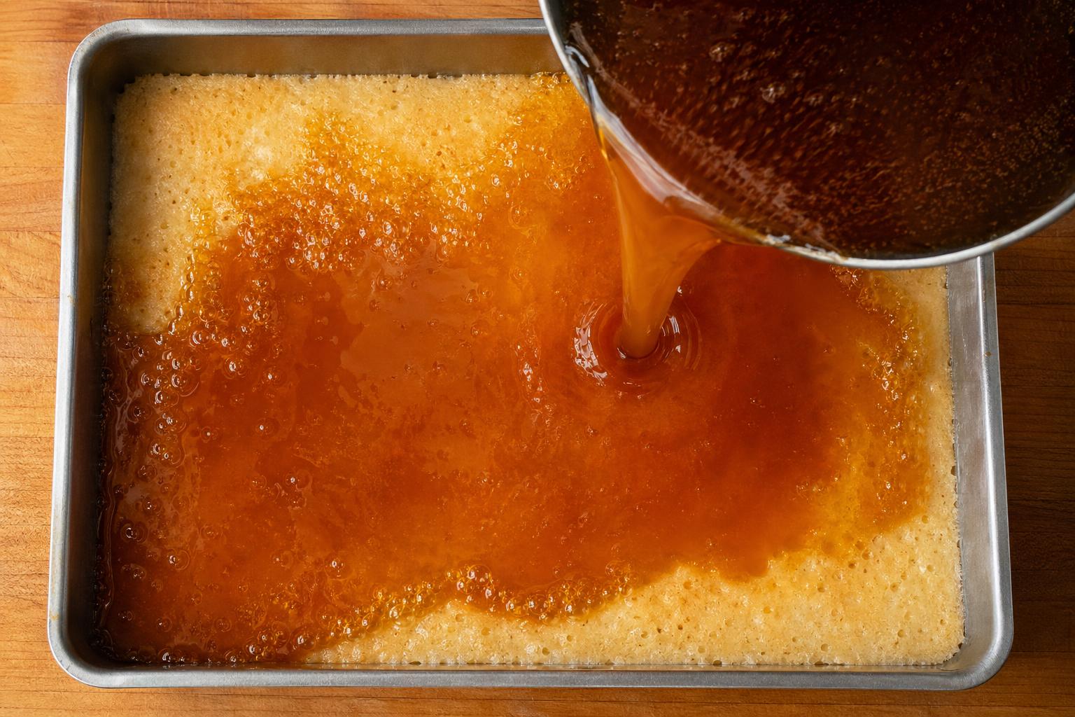 Hot amber caramel being poured over the milk-soaked cake