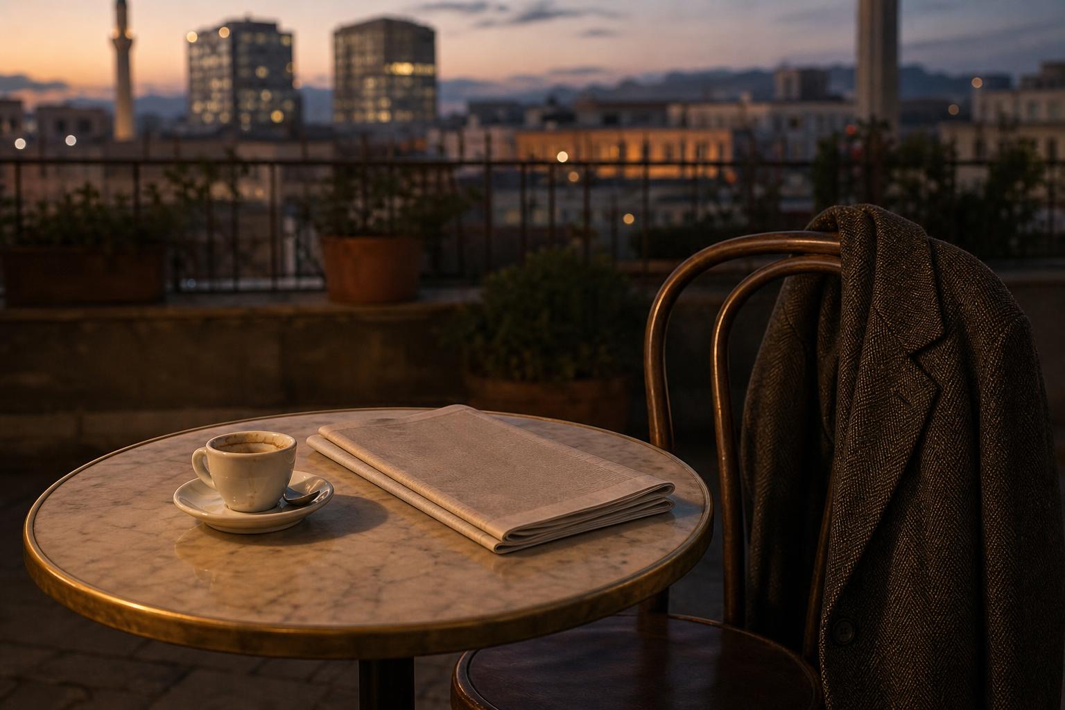 Empty Tirana cafe table at dusk — a small espresso cup with the dregs, a folded newspaper, an empty bentwood chair with a wool overcoat draped on the back.