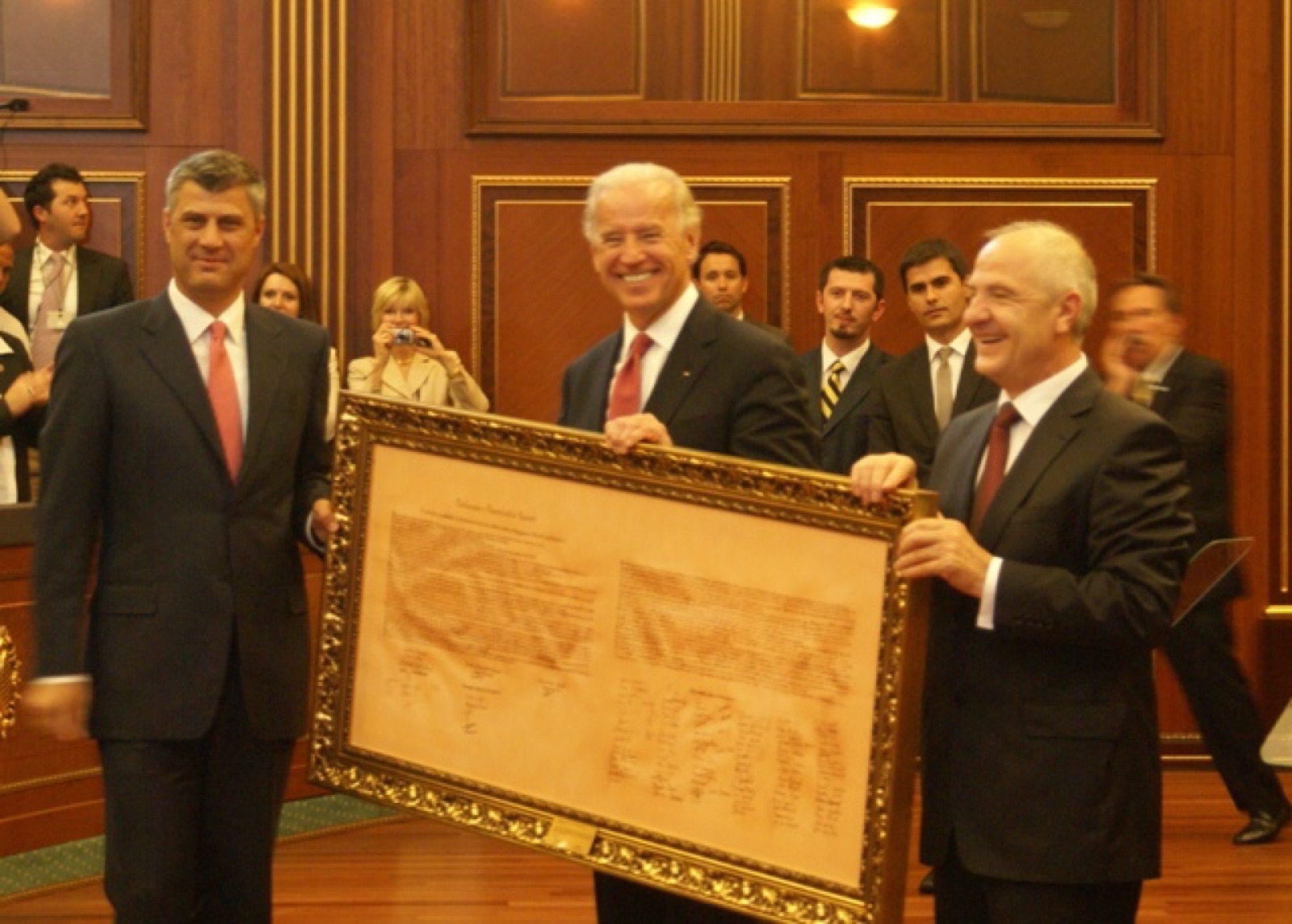 Prime Minister Hashim Thaçi and President Fatmir Sejdiu of Kosovo with US Senator Joe Biden, holding the Kosovo declaration of independence (signed 17 February 2008). The United States recognized Kosovo the day after the declaration.