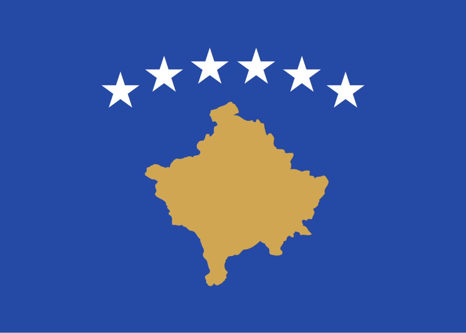The flag of Kosovo, adopted 17 February 2008: a yellow silhouette of the country on blue, with six white stars for the six recognized communities.