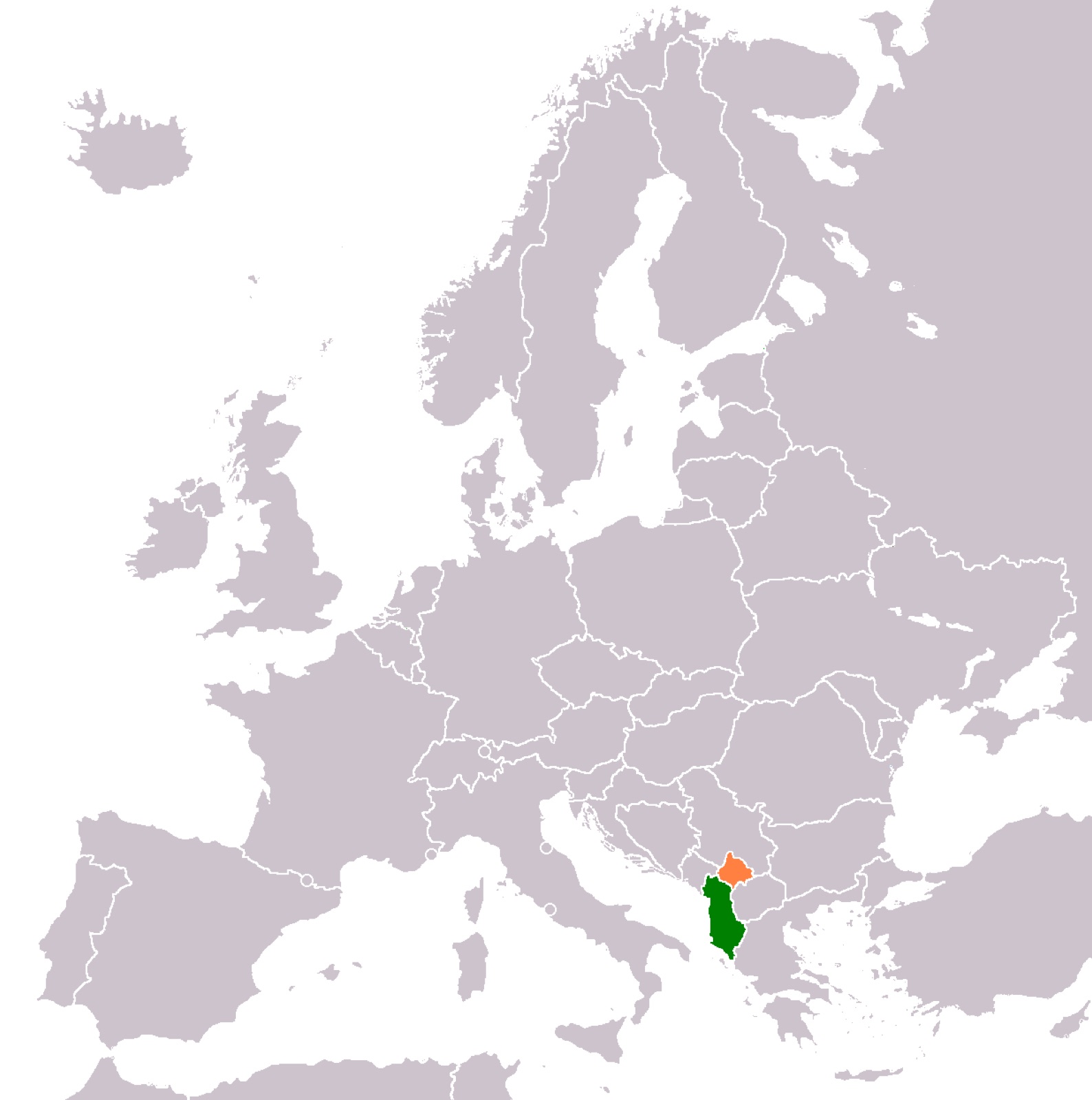 Locator map: Albania (orange) and Kosovo (green) in southeastern Europe — two separate states sharing a 111-kilometer border.