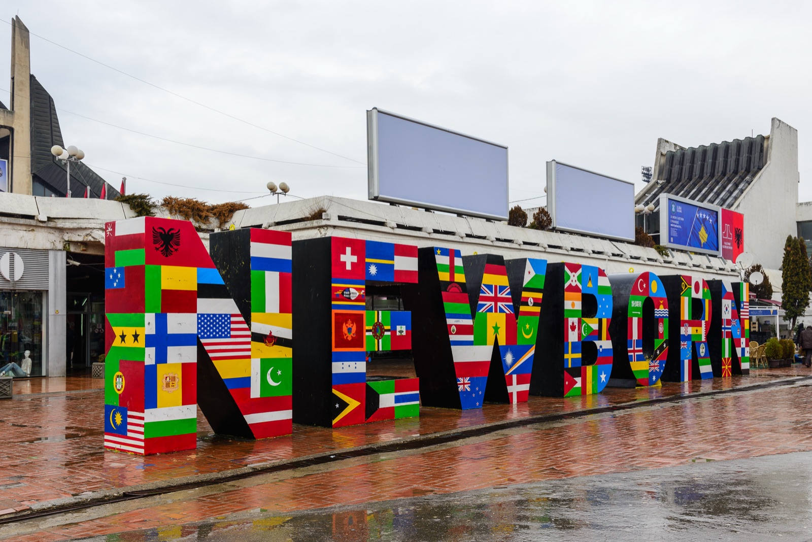 The Newborn monument in Pristina, unveiled on 17 February 2008, the day of Kosovo's independence declaration. The seven-letter sculpture is repainted each year to mark the anniversary.