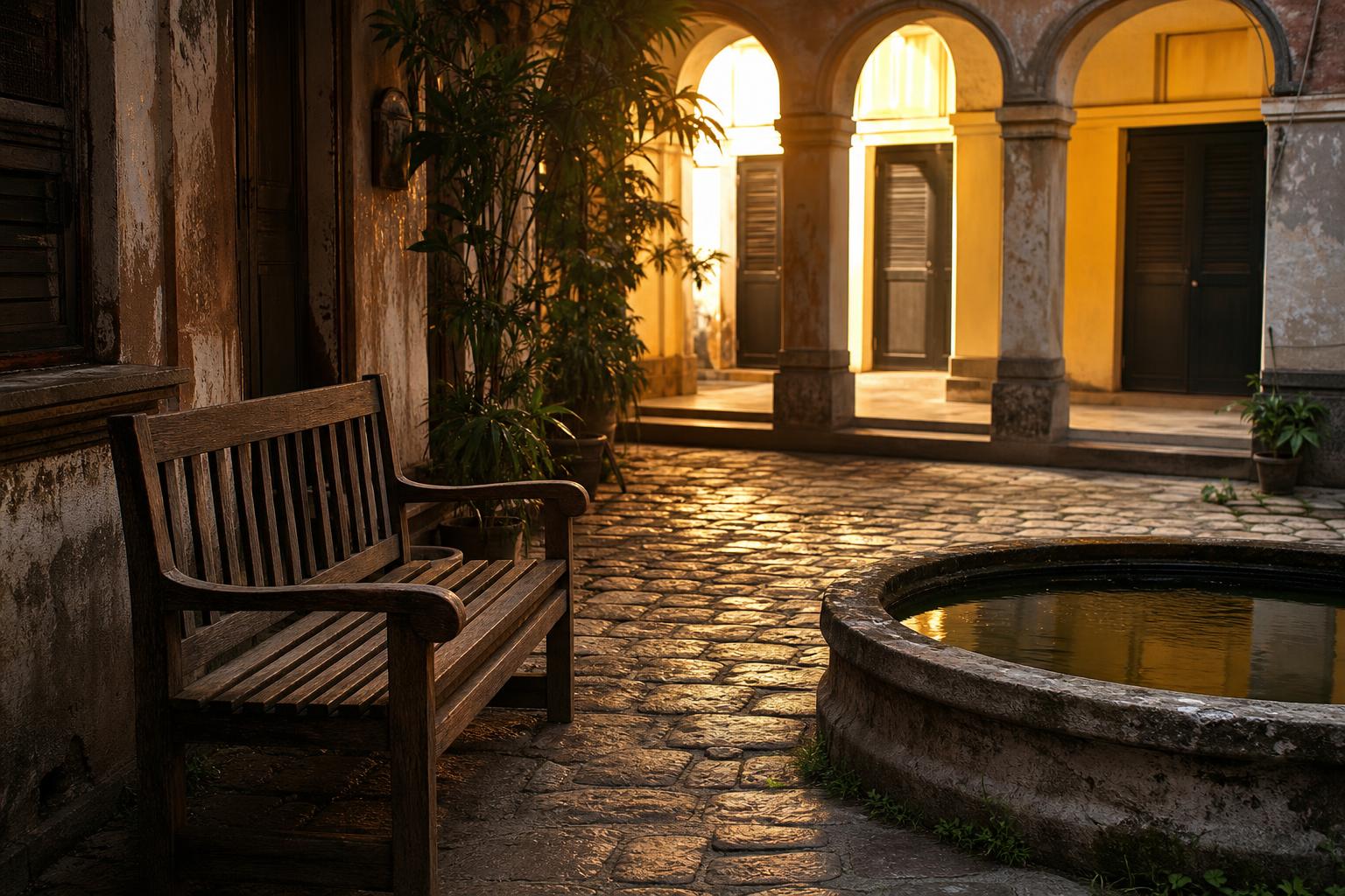 Empty cobblestone Calcutta-style courtyard with a single wooden bench, a stone basin of water, soft evening light filtering through arches.