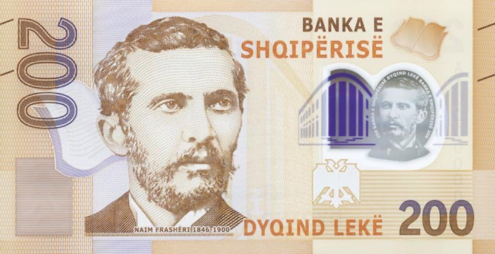 Naim Frashëri on the 200-lekë banknote — Albania's most-printed national poet.