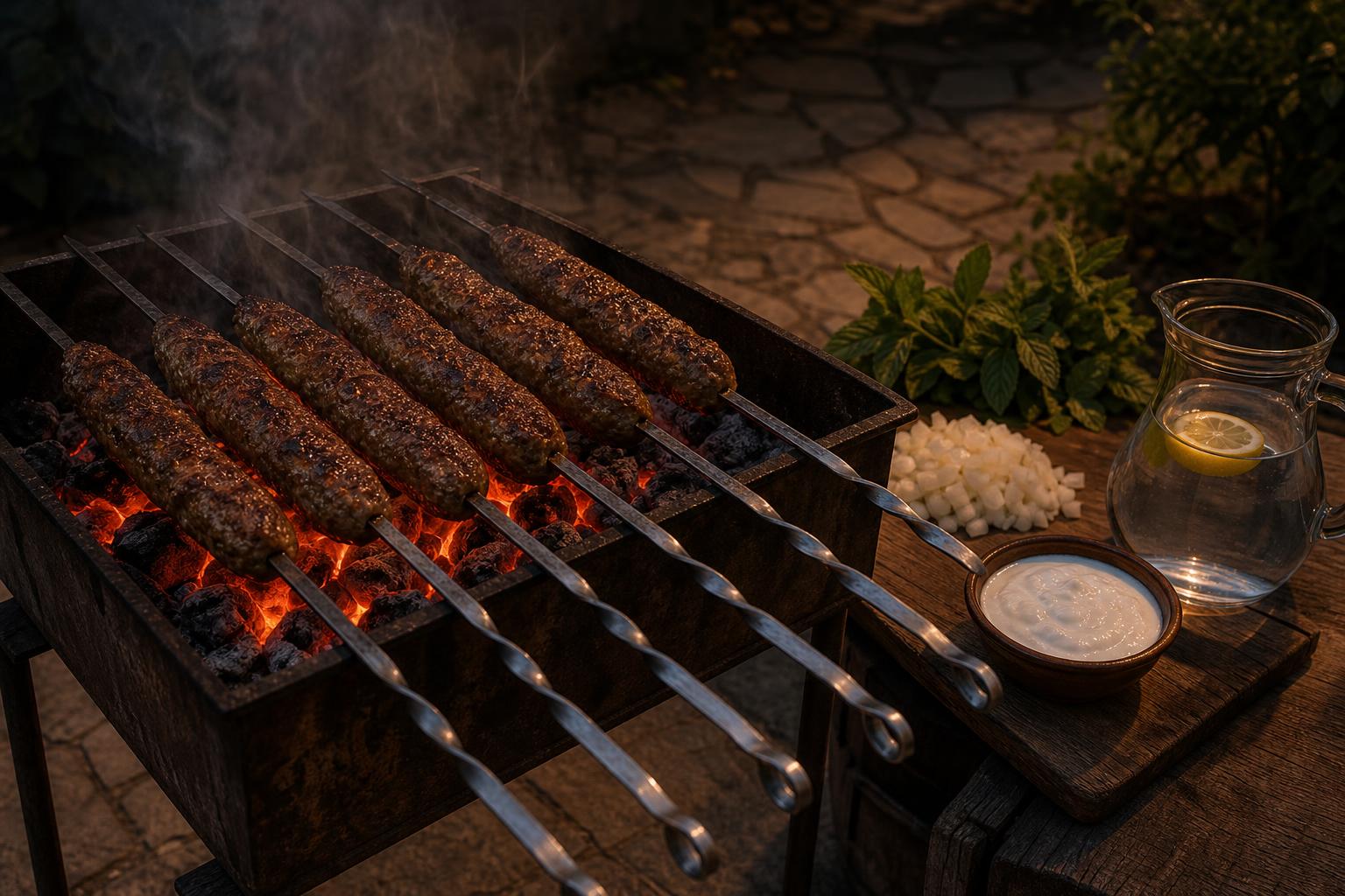 Traditional charcoal grill at dusk with skewers of oval Tirana-style qofte cooking over glowing red-orange coals, light smoke rising into the cool evening air.