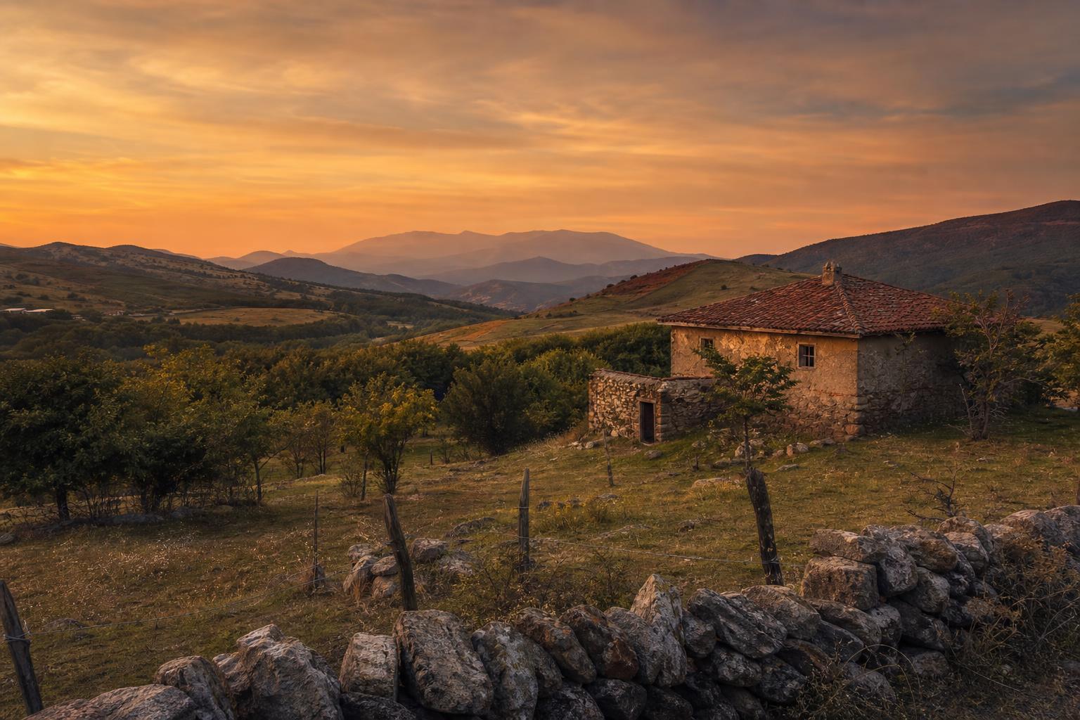 Rural Balkan border landscape at dusk — rolling hills, an old farmhouse, a stone fence, pale orange sky.