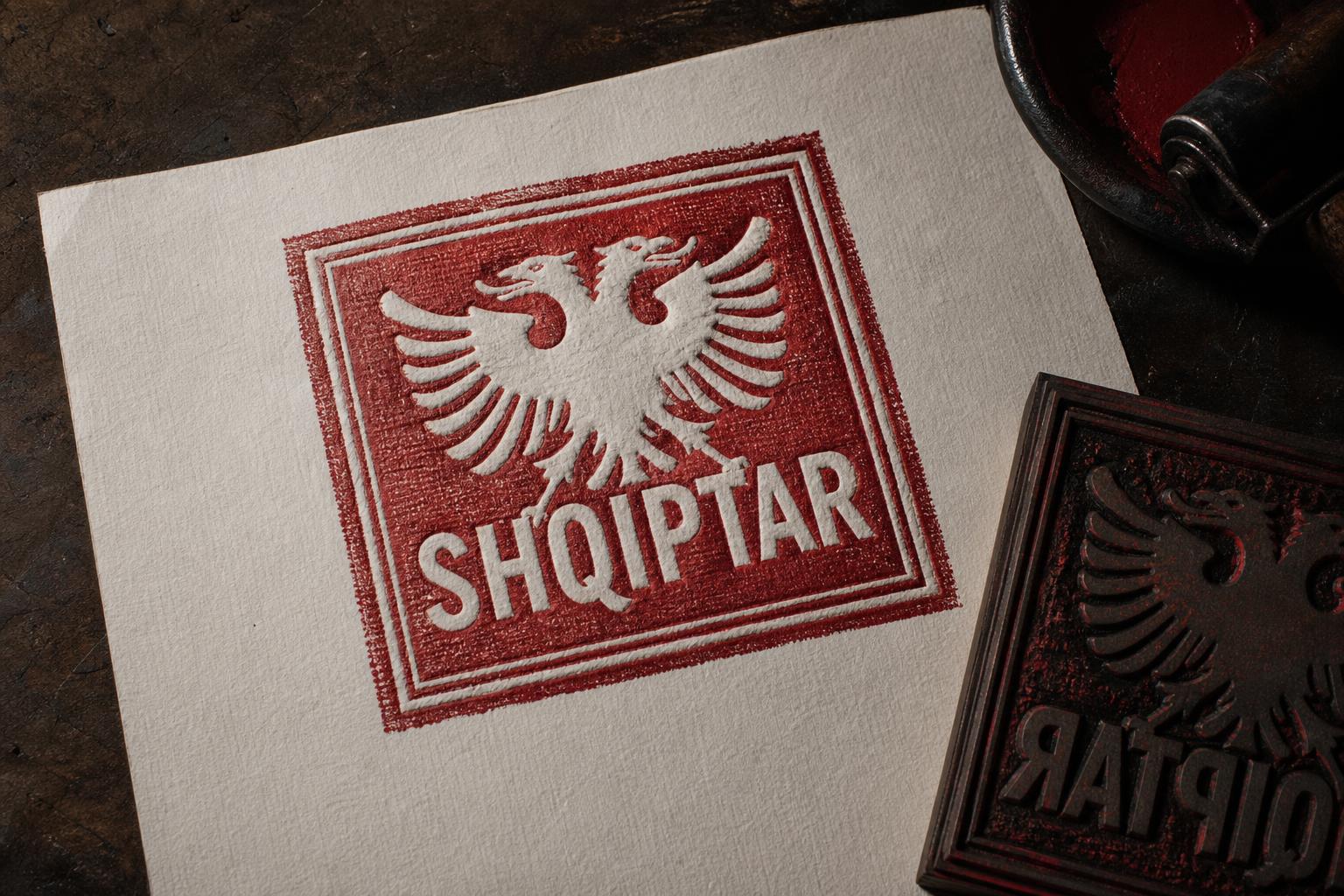 Stylized scene of a hand-pressed Albanian alphabet block print with the word Shqiptar set in a Latin sans-serif, framed by an embossed double-headed eagle on a deep crimson background.