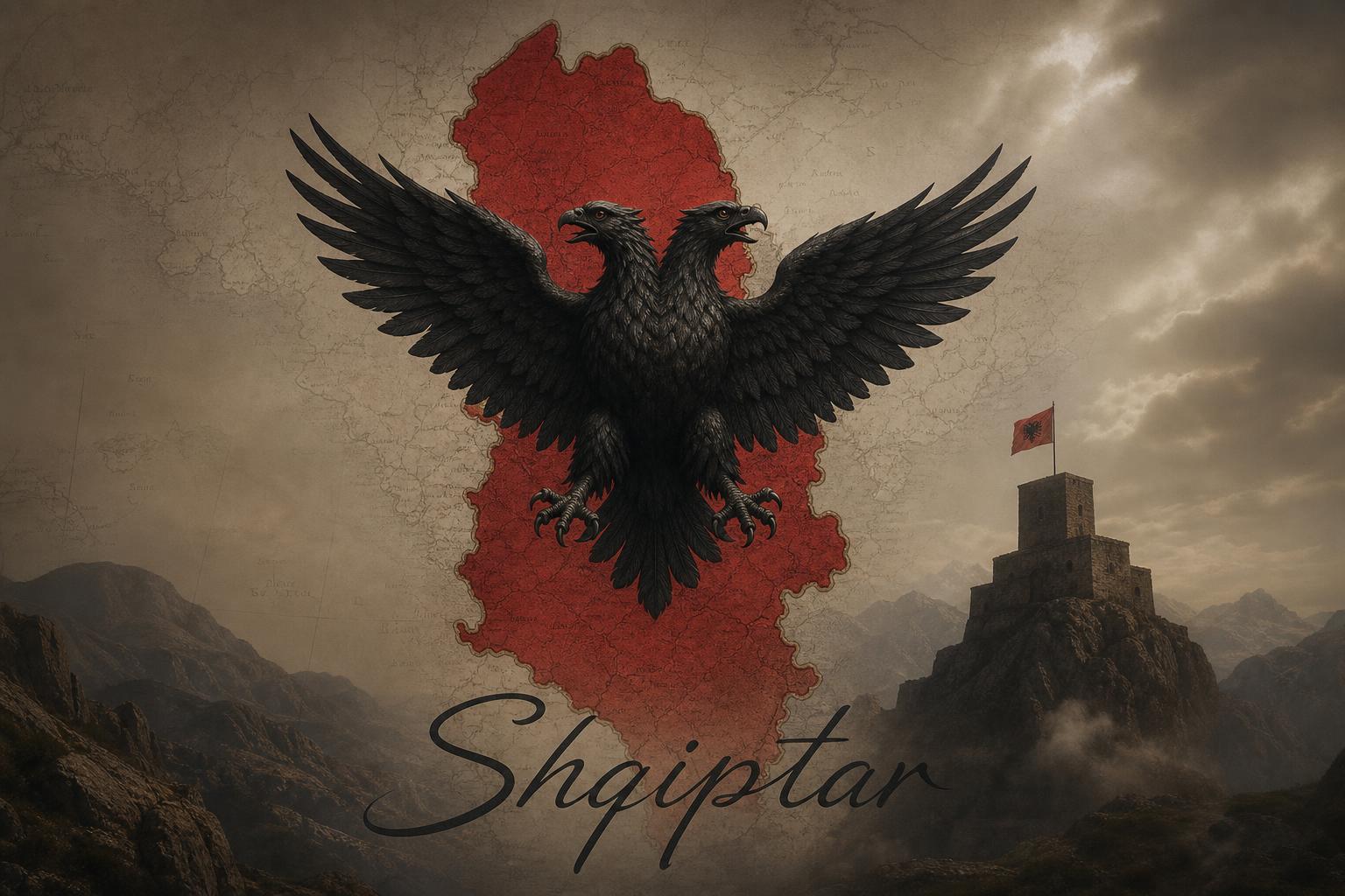 Stylized illustration of a black double-headed eagle in flight over a stylized Albanian map silhouette, the word Shqiptar in calligraphic script beneath.