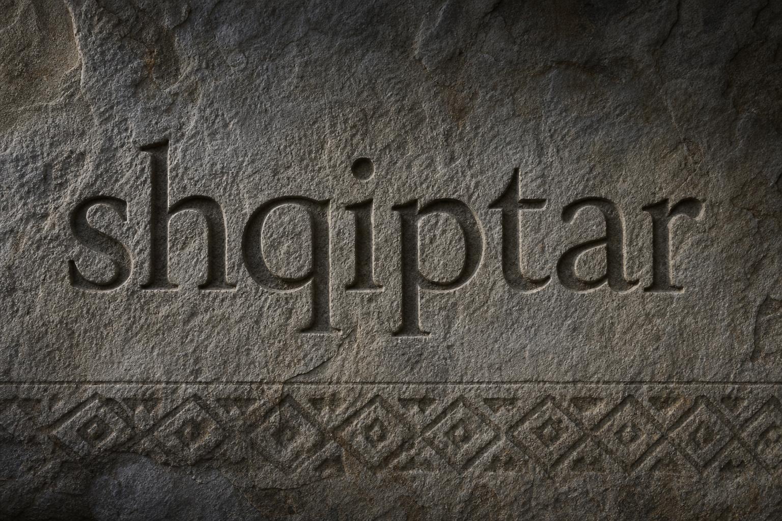 Stylized Albanian word "shqiptar" on a textured stone background — the everyday self-name of the Albanian people in their own language.