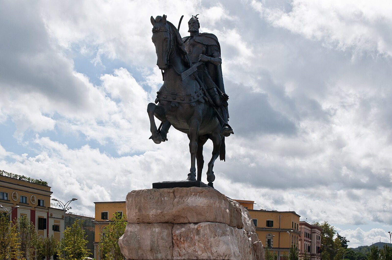 The Skanderbeg equestrian statue in Tirana — unveiled 1968, the centerpiece of Skanderbeg Square.
