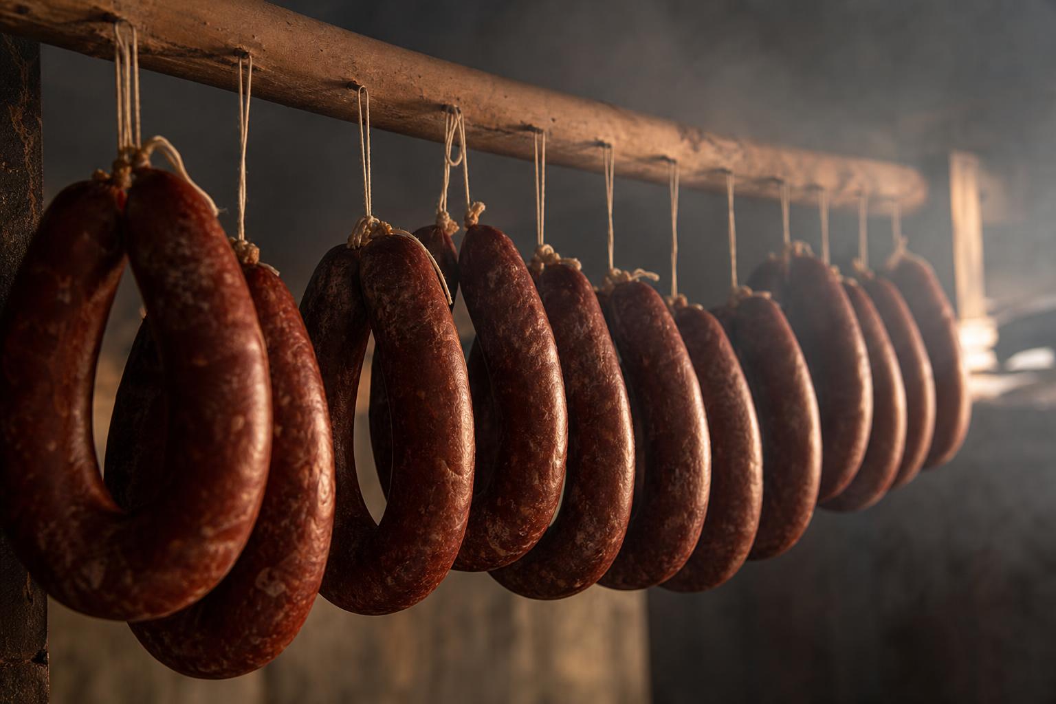 Row of suxhuk sausages hanging from a wooden rod in a smoking room, soft warm light, faint smoke.