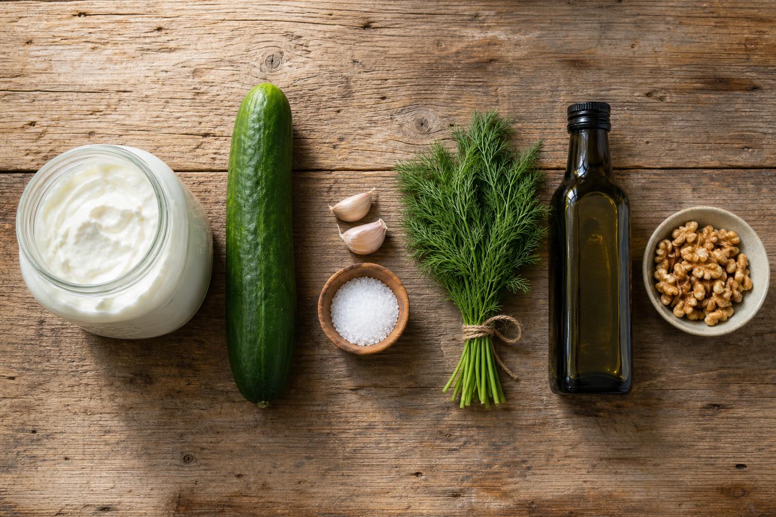 Tarator ingredients laid out on a wooden table — Greek yogurt, English cucumber, garlic, fresh dill, kosher salt, olive oil, and crushed walnuts.