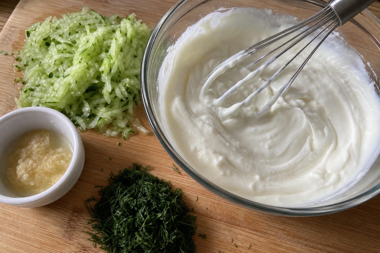 Greek yogurt being whisked smooth in a glass bowl, with a mound of freshly grated cucumber, a small dish of garlic-salt paste, and chopped fresh dill on the cutting board alongside.
