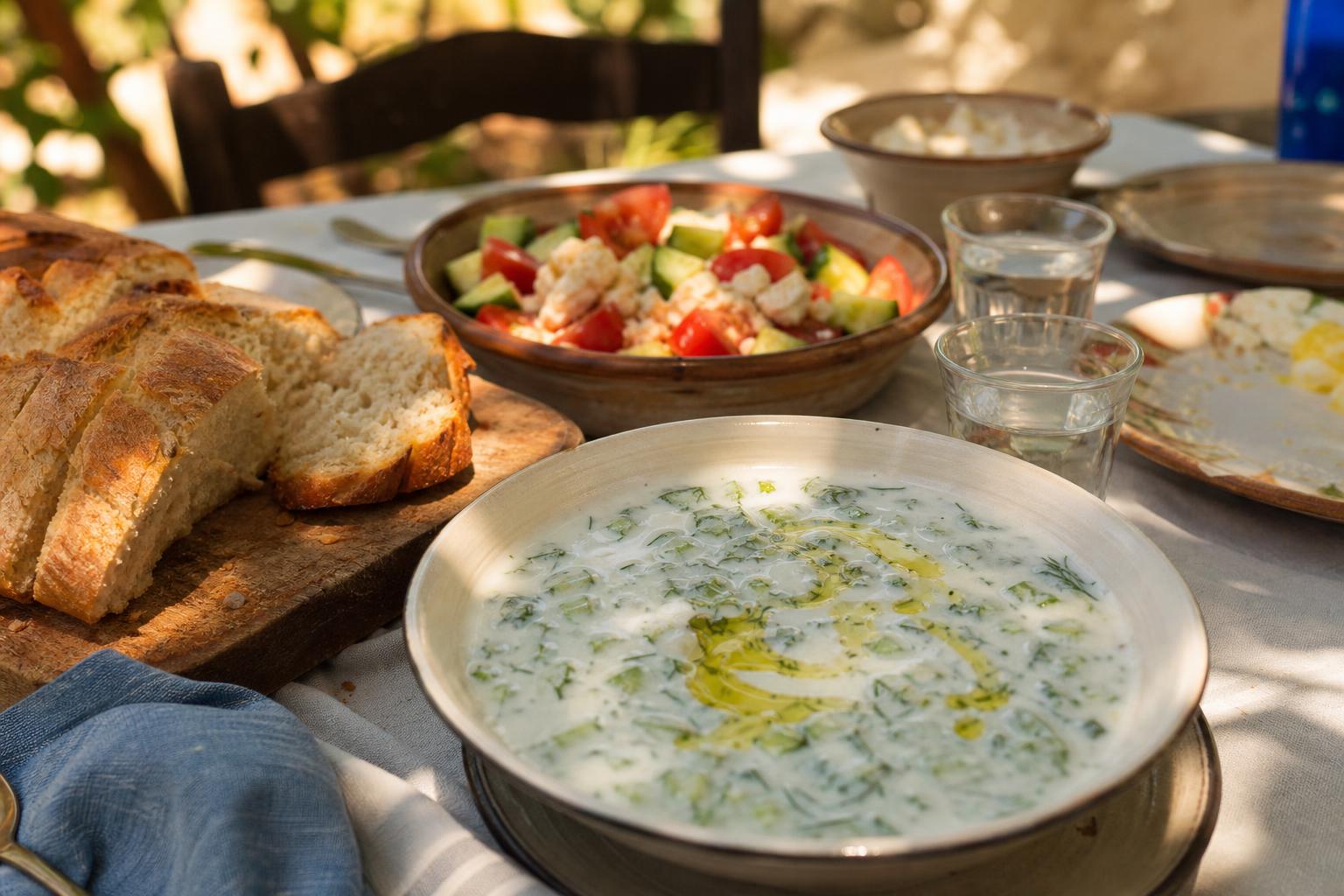 A Mediterranean summer table set for a family meal — a bowl of tarator in the foreground, sliced country bread on a wooden board, a chopped tomato-cucumber-feta salad, and two small glasses of raki.