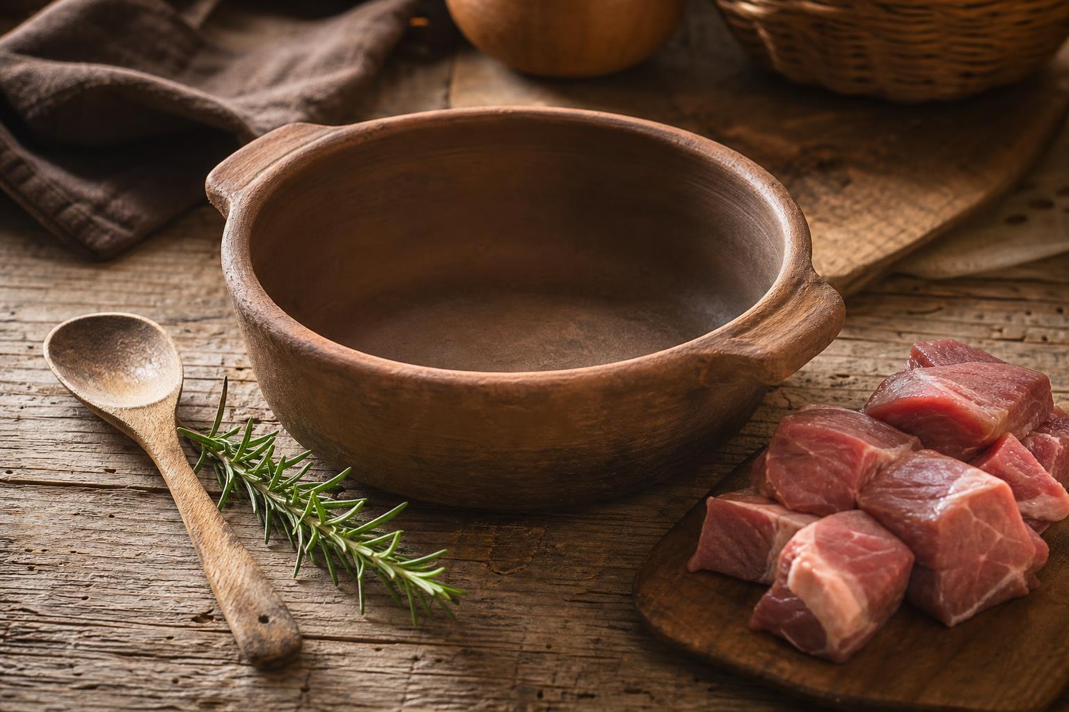 Empty earthenware tave pot on a wooden farm table with a small wooden spoon, a sprig of rosemary, and a few raw lamb cubes waiting to be assembled.