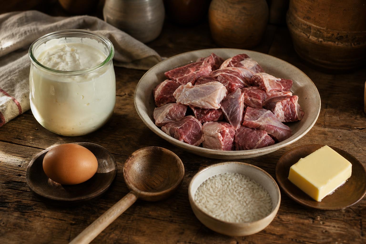 Ingredients on a wooden farm table — chunks of lamb, a glass jar of thick yogurt, an egg, a small bowl of rice, butter, and a wooden ladle.