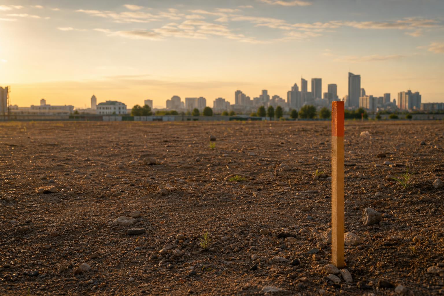 Empty plot of urban land at golden hour with a small surveyor's wooden stake in the foreground, ready for construction, distant city skyline.