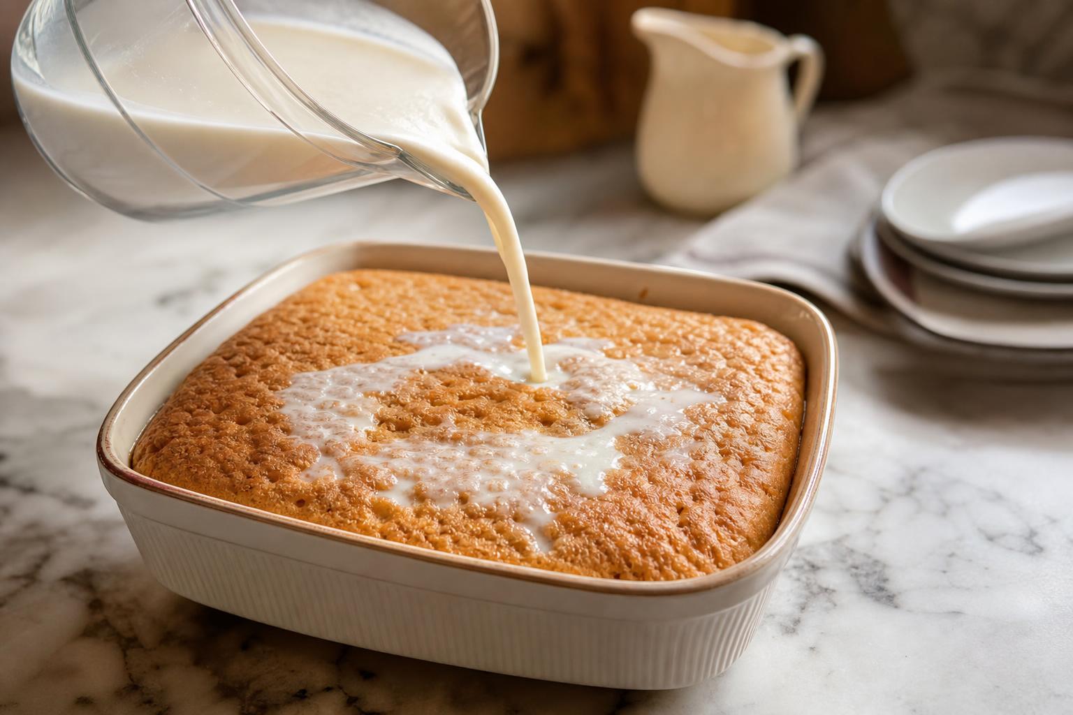 Glass measuring jug of milk being poured slowly over a baked sponge cake in a deep baking dish, on a marble countertop.