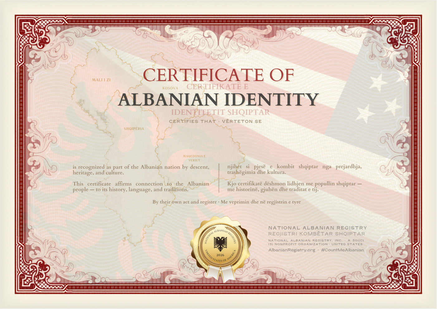Sample Certificate of Albanian Identity — preview, not a real issuance