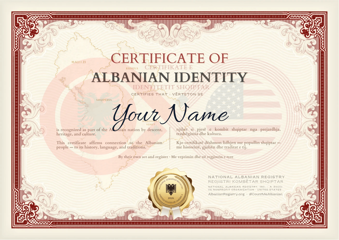 Certificate of Albanian Identity reading 'Your Name', shown in a black frame with a cream mat, ready to hang on a wall.