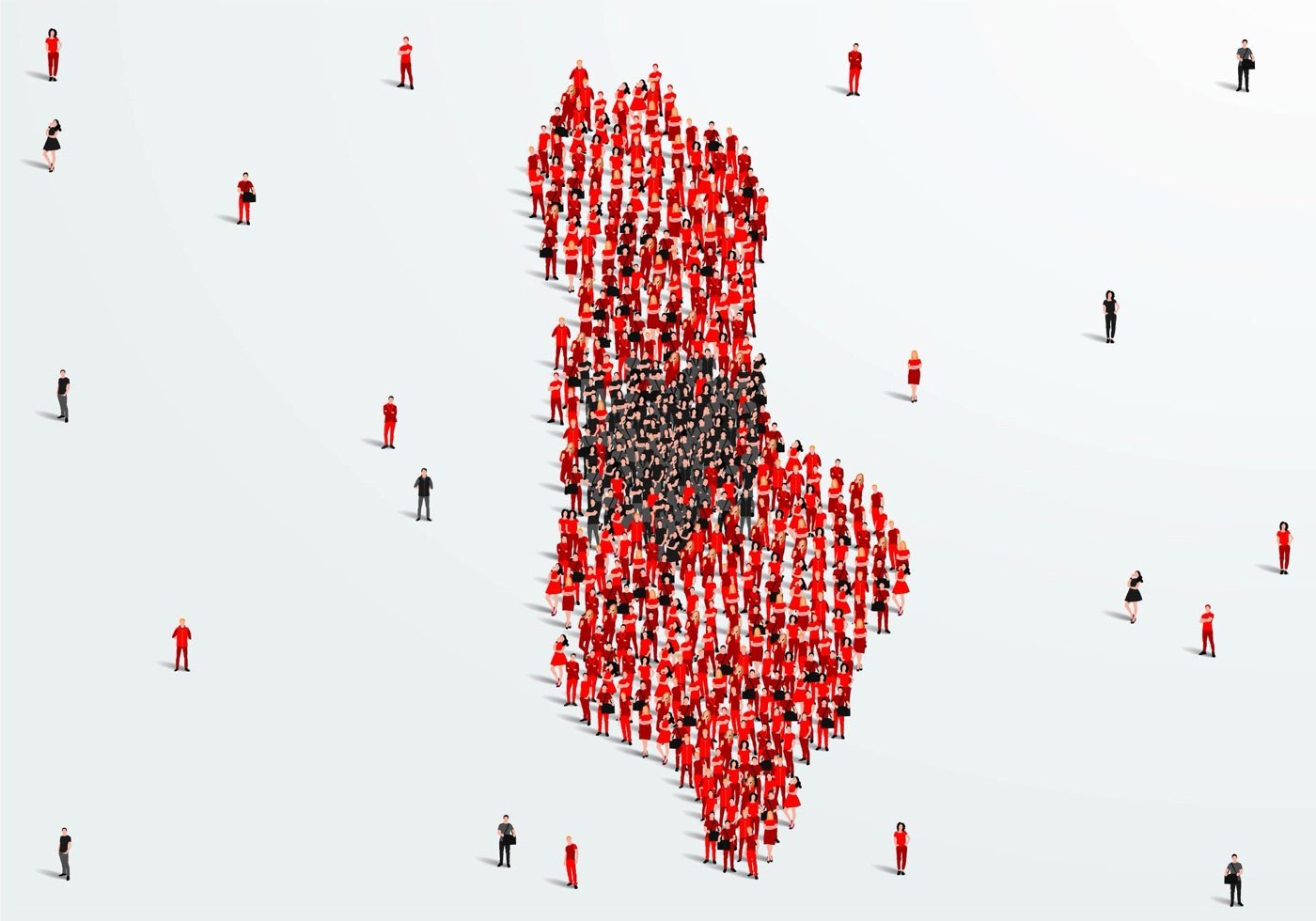 Hundreds of small figures stand together to form the silhouette of the Albanian double-headed eagle